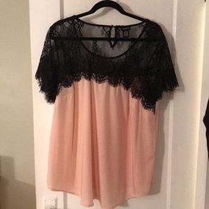 Pink blouse with black lace top